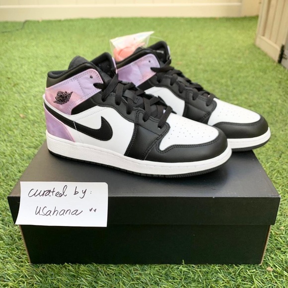 Nike Air Jordan 1 mid GS black white purple shoes - Picture 2 of 4